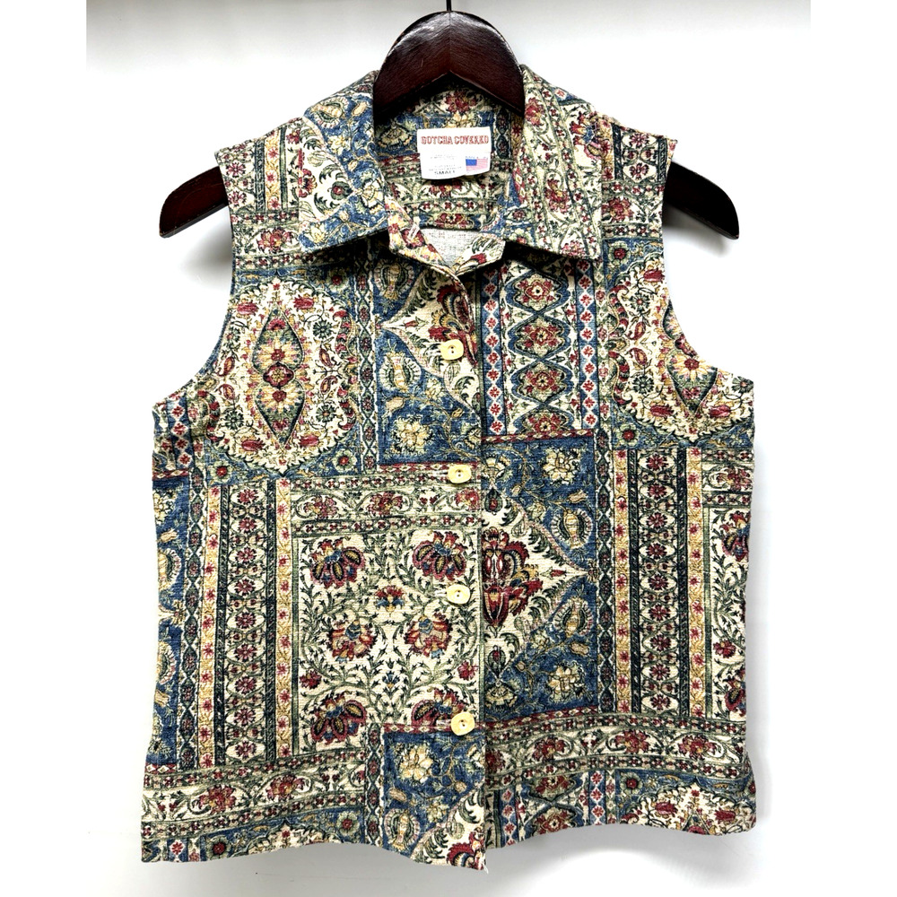 Vintage Gotcha Covered Vest Women's Small Tapestry Button Up Cotton USA